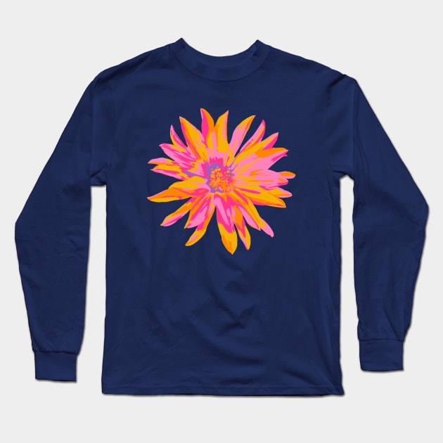 DAHLIA BURSTS Abstract Blooming Floral Summer Bright Flowers - Fuchsia Pink Yellow Purple on Dark Blue - UnBlink Studio by Jackie Tahara Long Sleeve T-Shirt by UnBlink Studio by Jackie Tahara